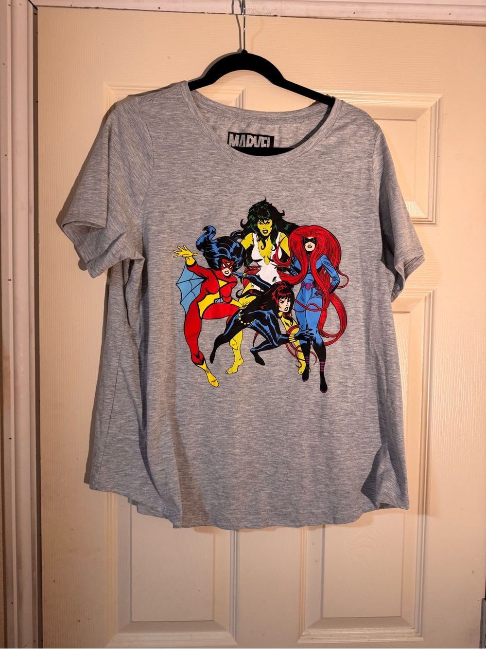 Marvel Women’s Light Gray Graphic Tee with Multicolor Superhero Print 0X